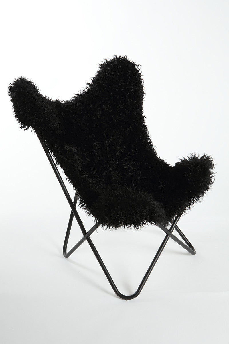 DEEP BLACK - Curly Goatskin Butterfly Chair