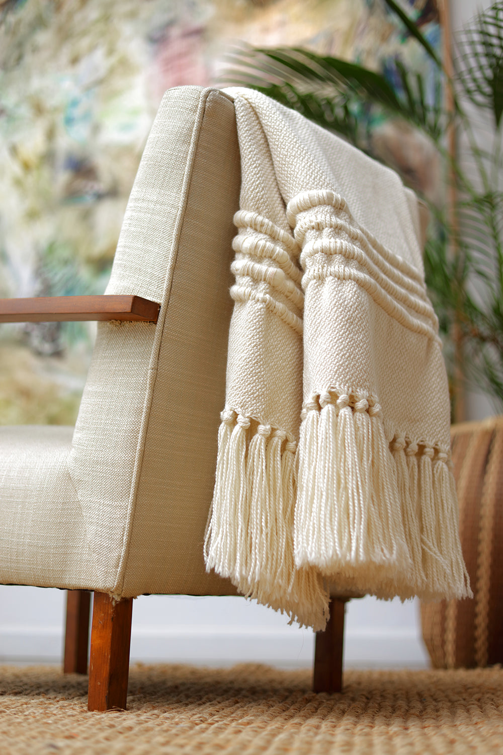 Natural Ivory Striped Throw Blanket