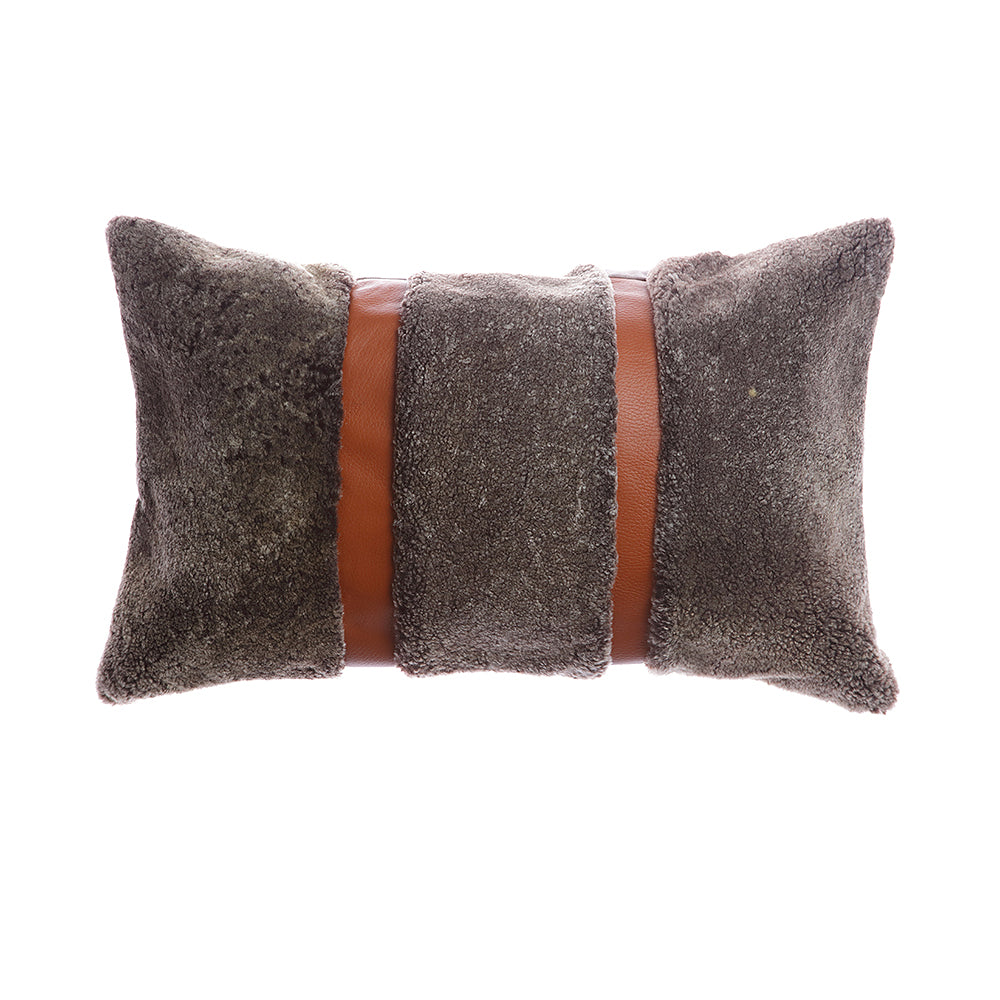 Shearling Charcoal Saddle Leather Lumbar Pillow